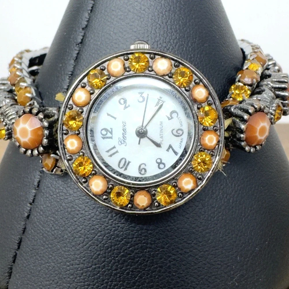 Vintage Geneva Platinum Quartz Women's Watch Double Strand Rhinestones